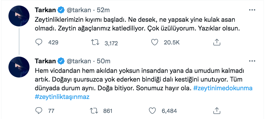 tarkan zeytinliklerin kesilmesine isyan etti 